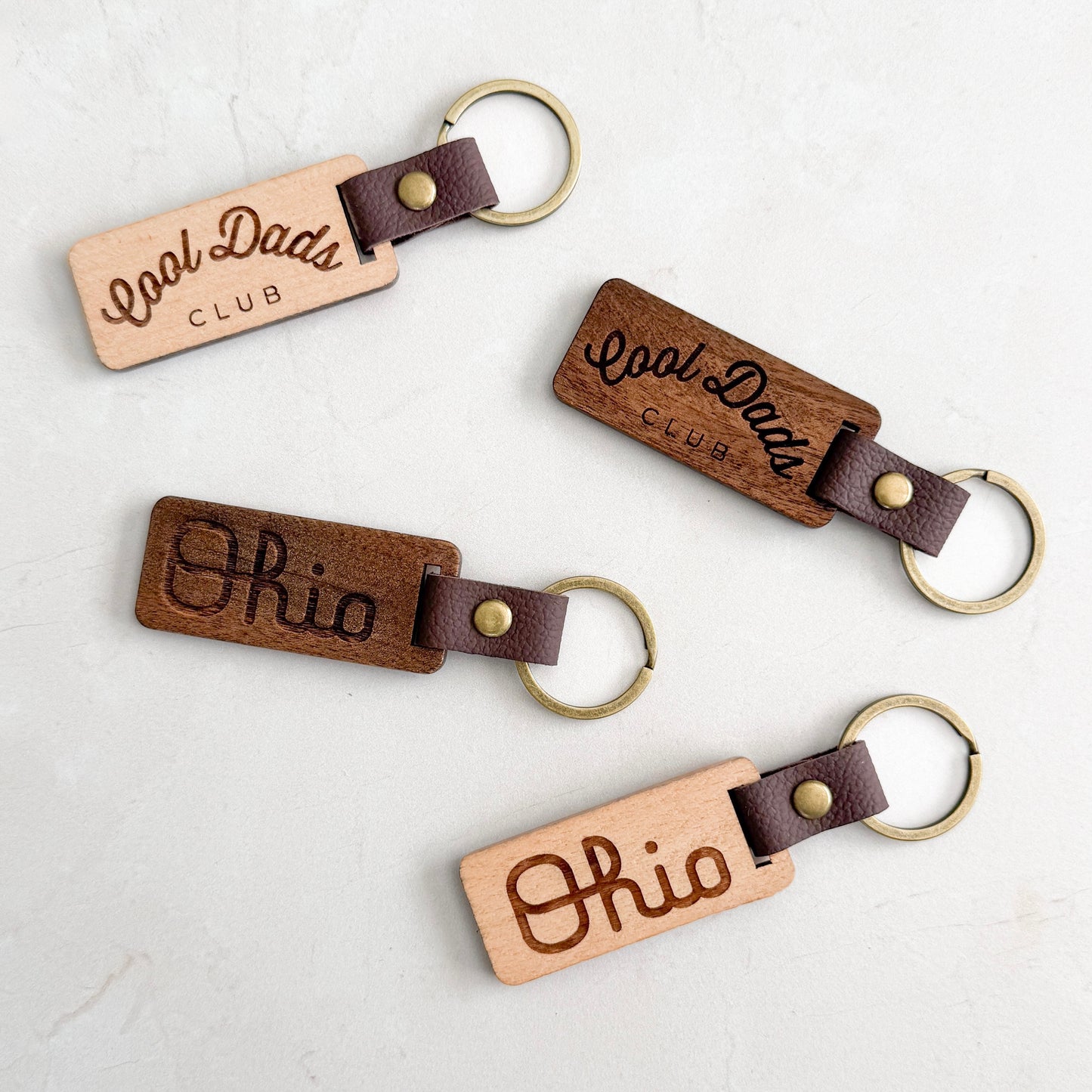 ENGRAVED WOOD & LEATHER KEYCHAIN