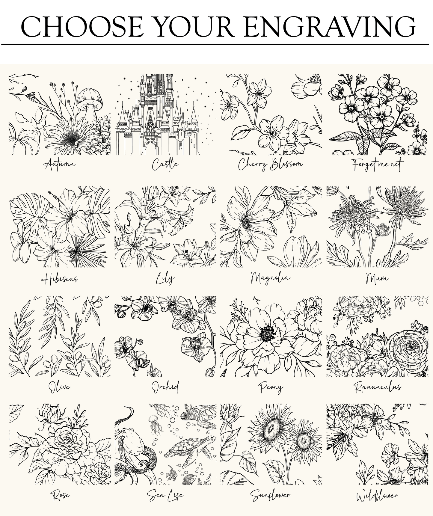Collection of black line art floral designs with names on a white background