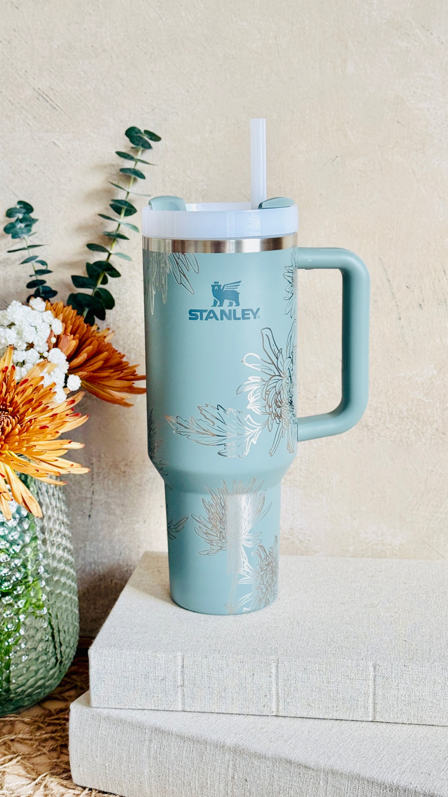 Fuji Mum Flower Laser Engraved Stanley 40oz Quencher Tumbler