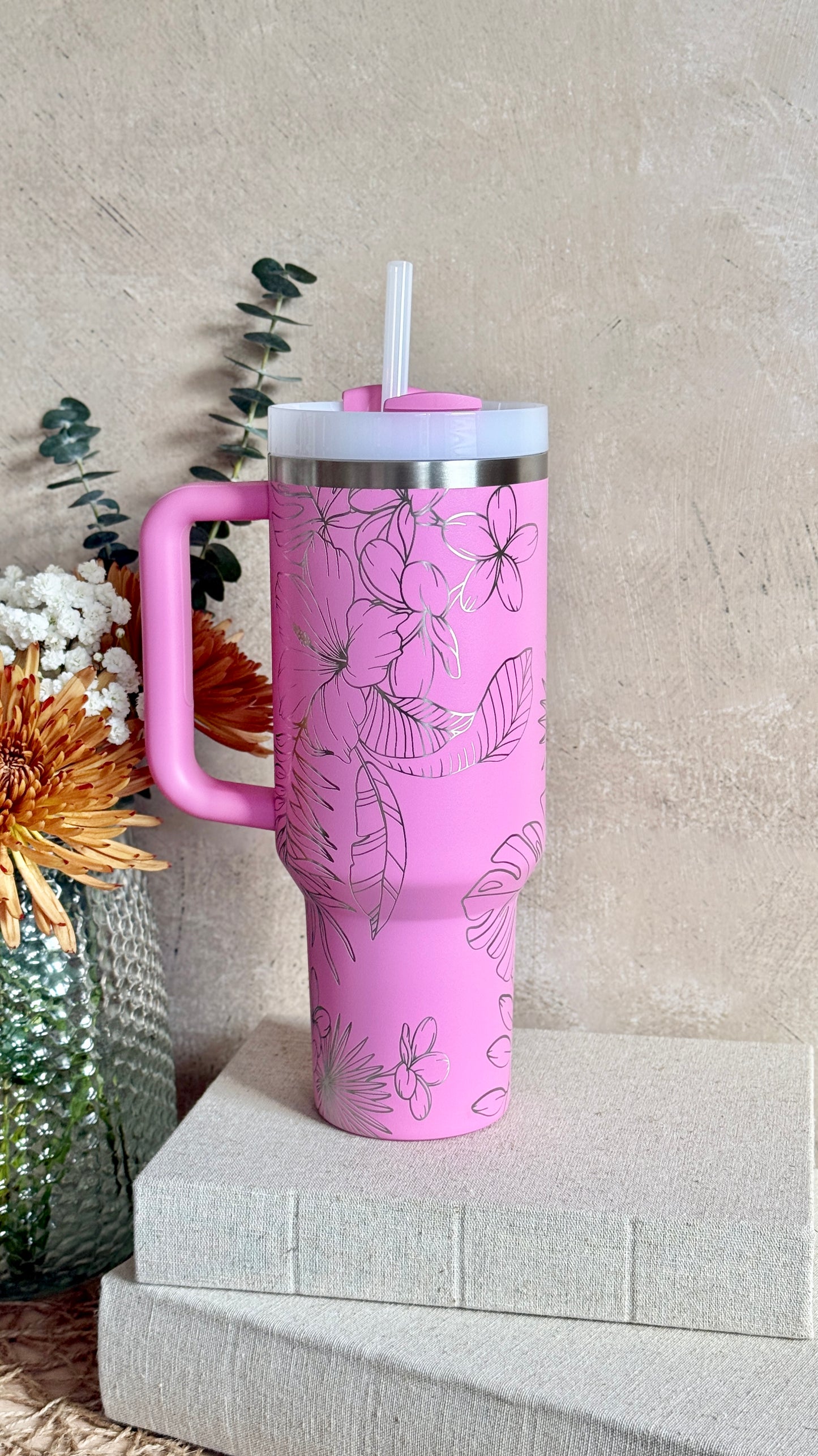 Tropical Hibiscus Laser Engraved Stanley 40oz Quencher Tumbler