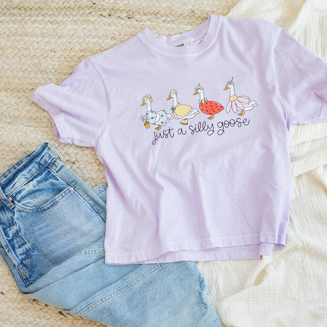 Lavender t-shirt with 'just a silly goose' text and cartoon geese, paired with denim shorts on a textured surface.