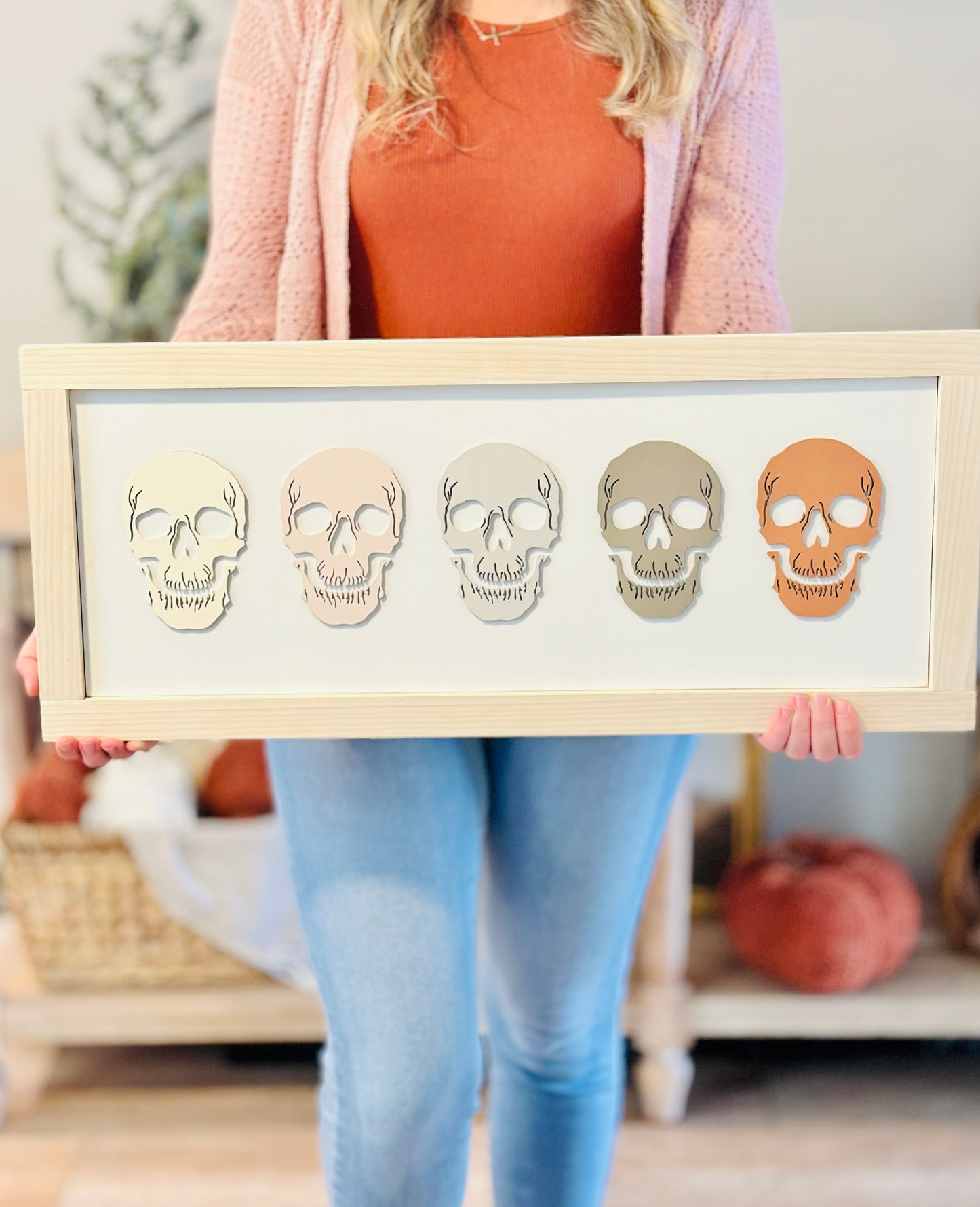 Halloween Wood Sign - Five Skulls - 26x12