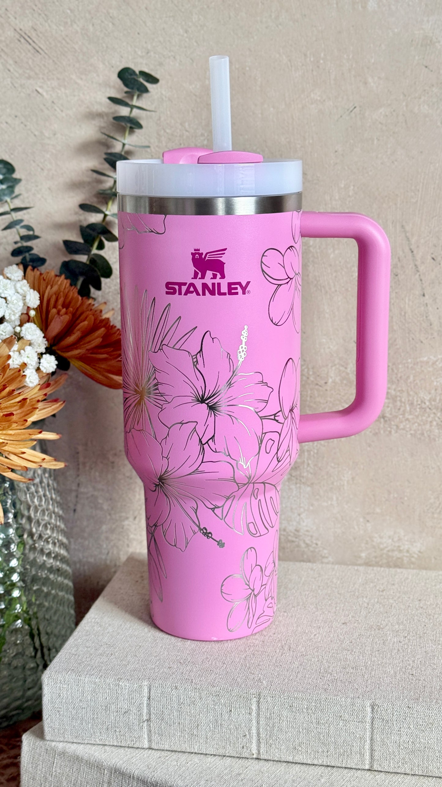 Tropical Hibiscus Laser Engraved Stanley 40oz Quencher Tumbler