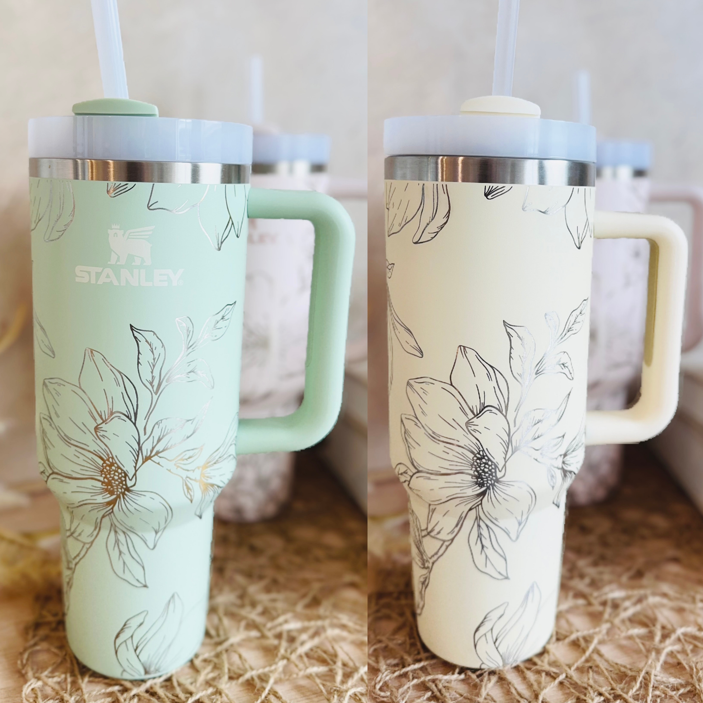 Magnolia Flower Laser Engraved Stanley 40oz Quencher Tumbler