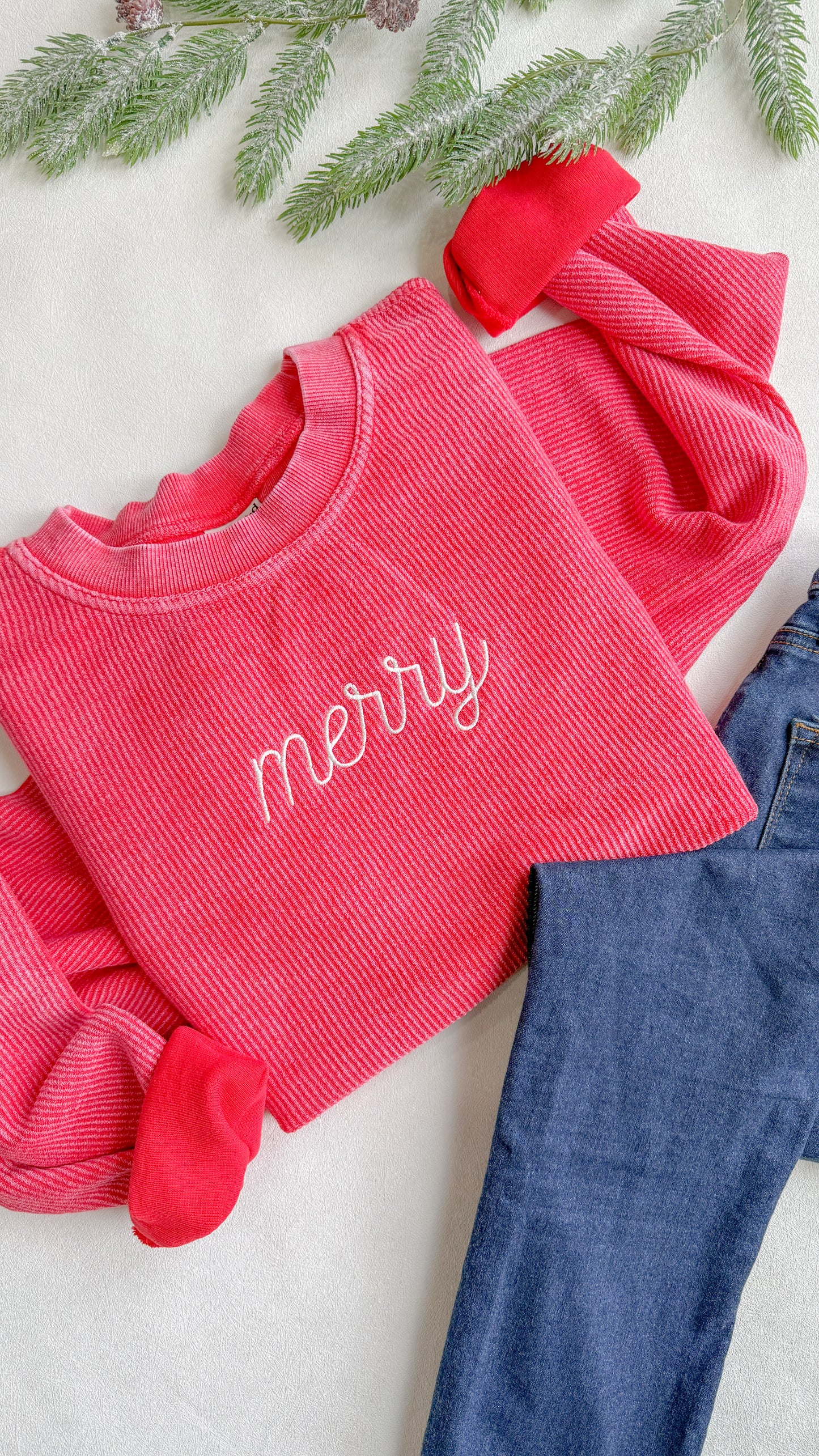 MERRY EMBROIDERED RIBBED SWEATSHIRT