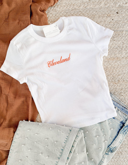 CLEVELAND SCRIPT EMBROIDERED CROP BABY TEE