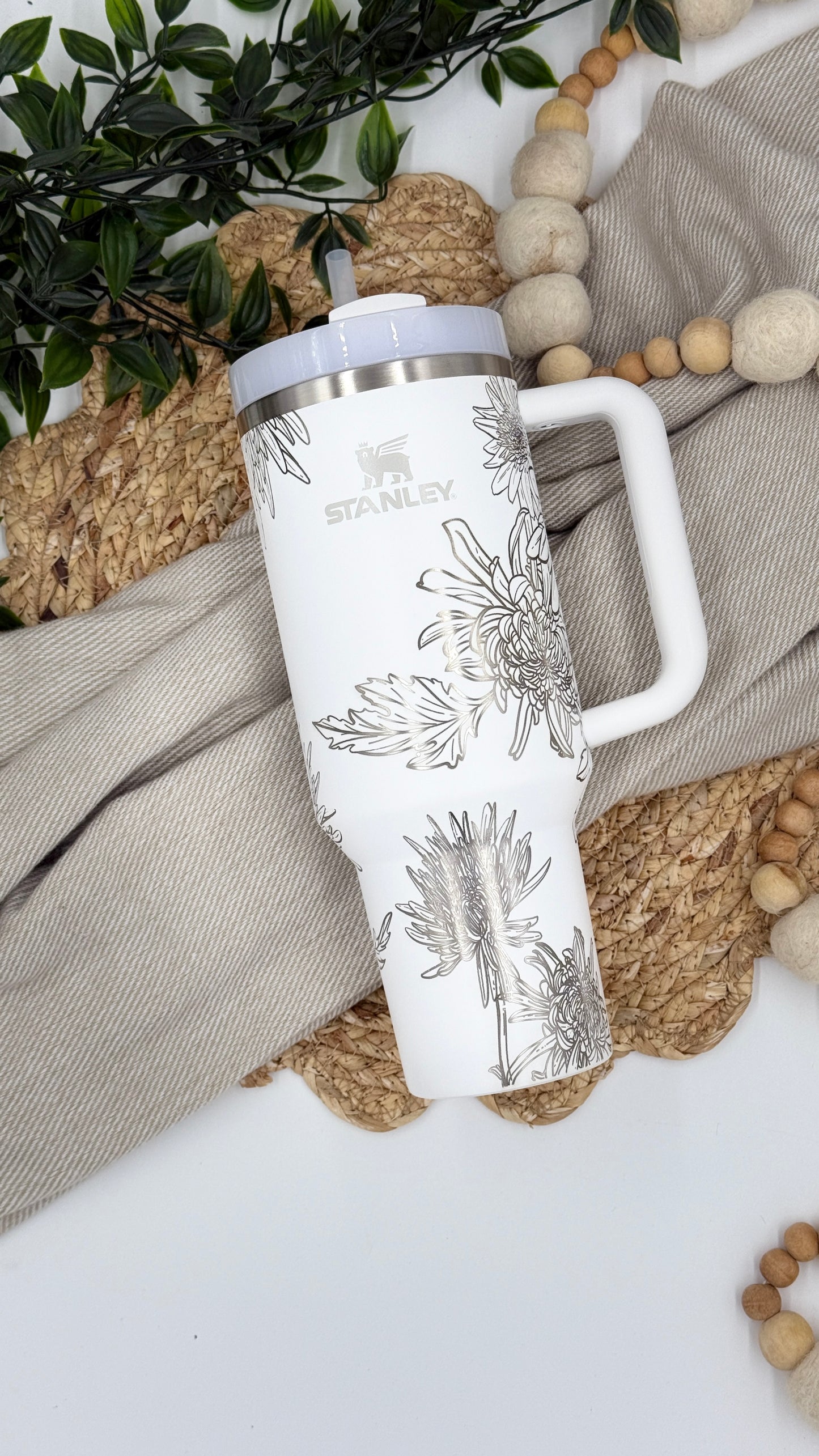 Fuji Mum Flower Laser Engraved Stanley 40oz Quencher Tumbler