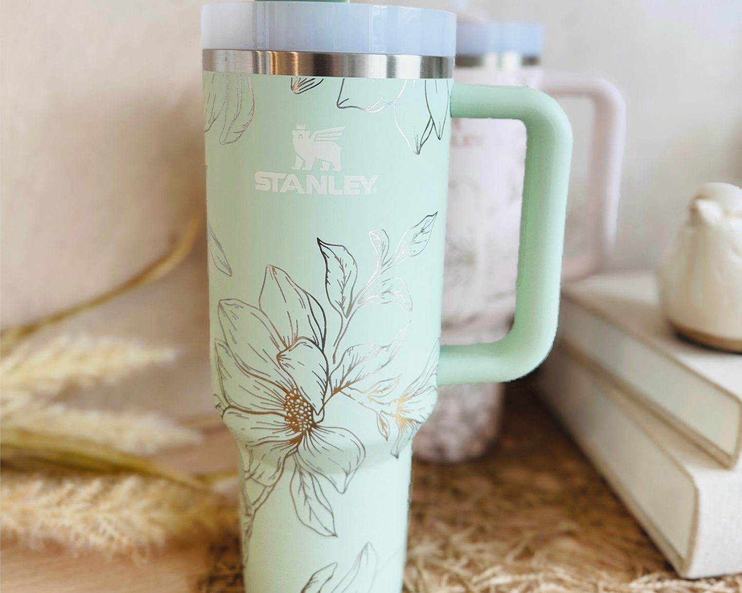 Magnolia Flower Laser Engraved Stanley 40oz Quencher Tumbler