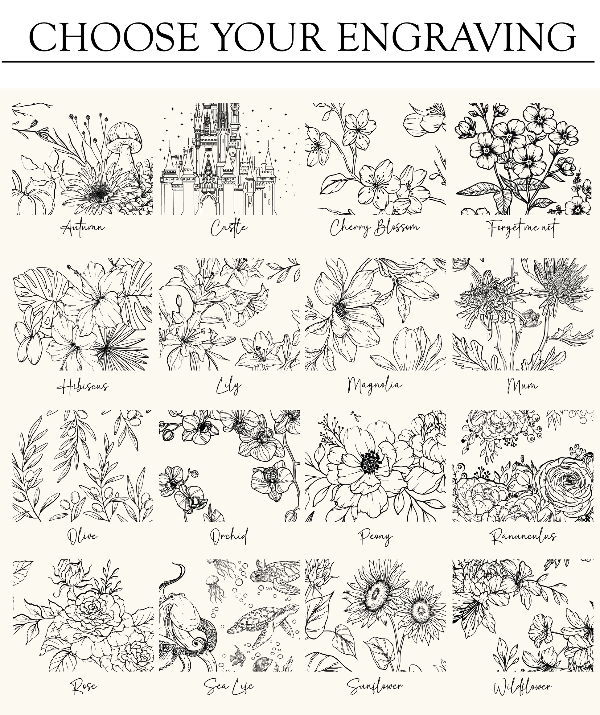 Collection of black line art floral designs with names on a white background
