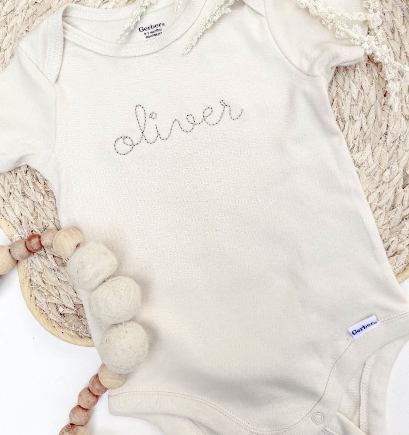 CUSTOM NAME BEAN STITCH BABY ONESIE