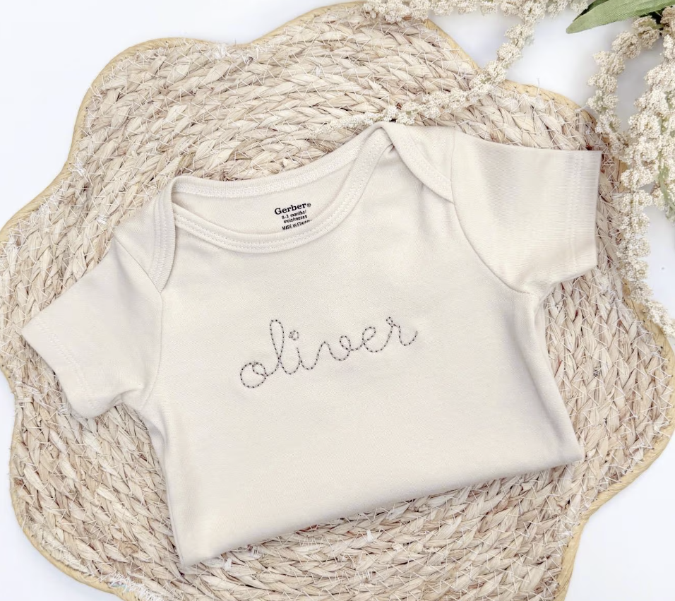 CUSTOM NAME BEAN STITCH BABY ONESIE