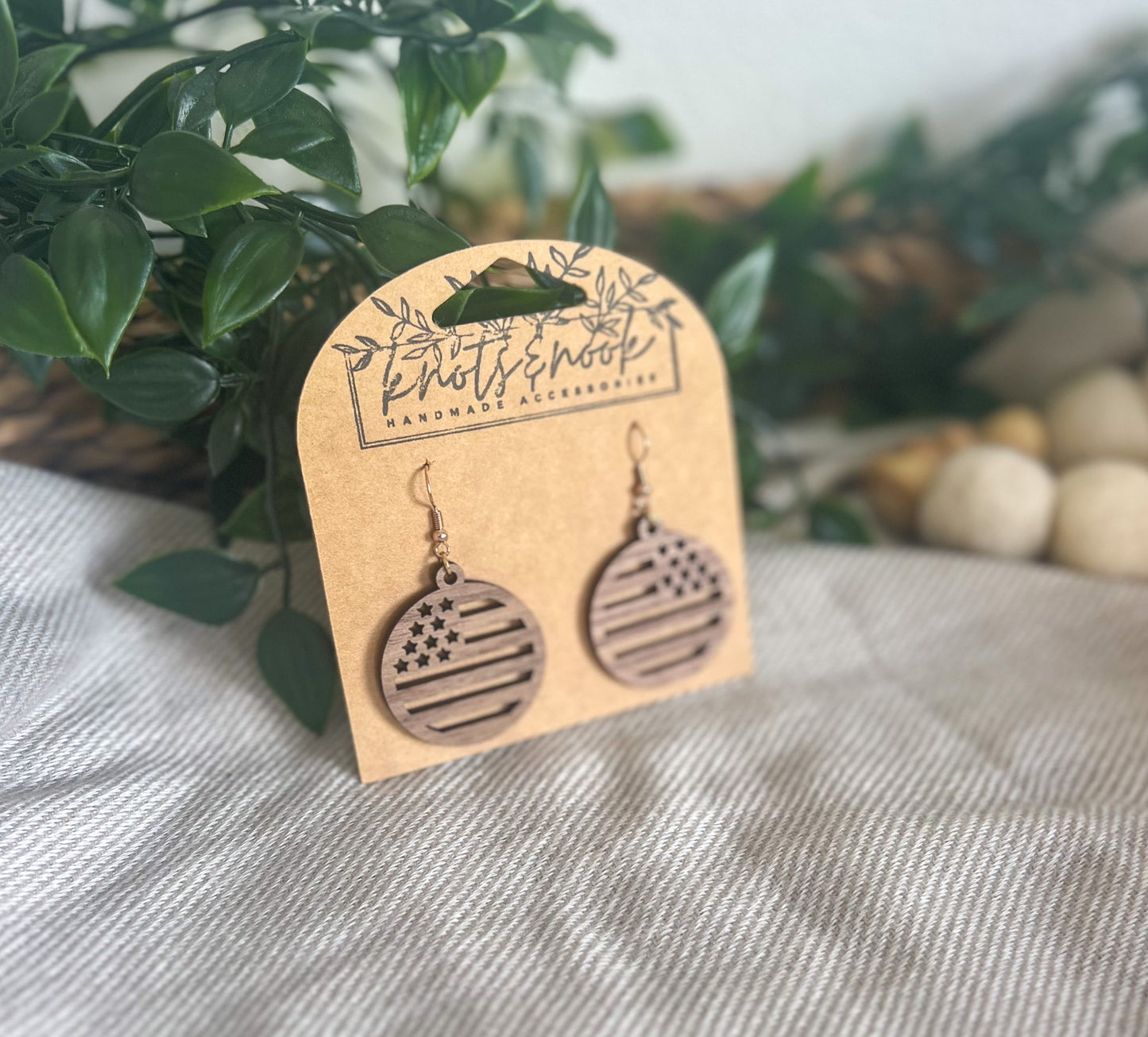 US Flag Wood Earrings